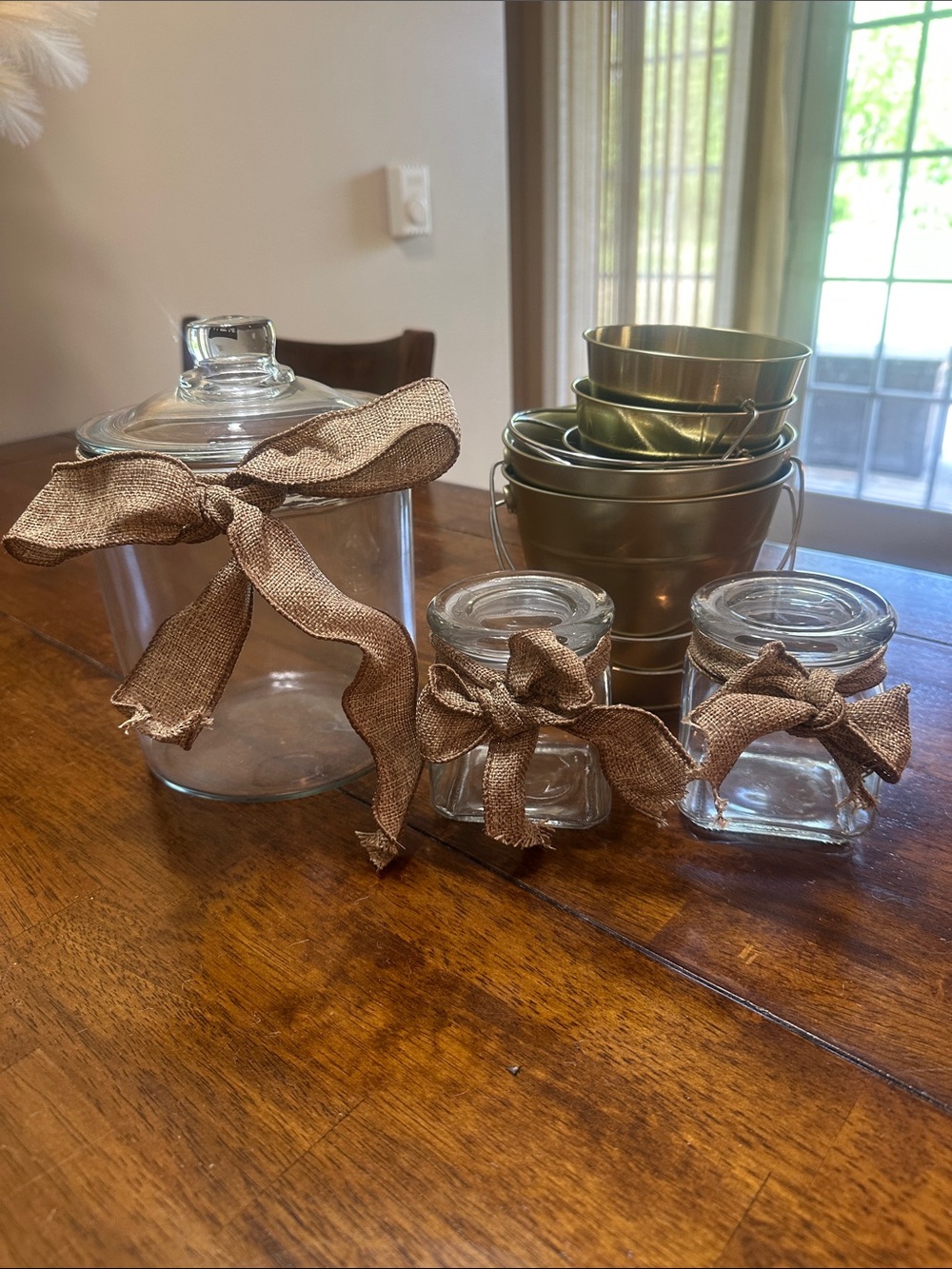 Glass Canister and Mini Jars with Burlap Bows + Small Gold Buckets